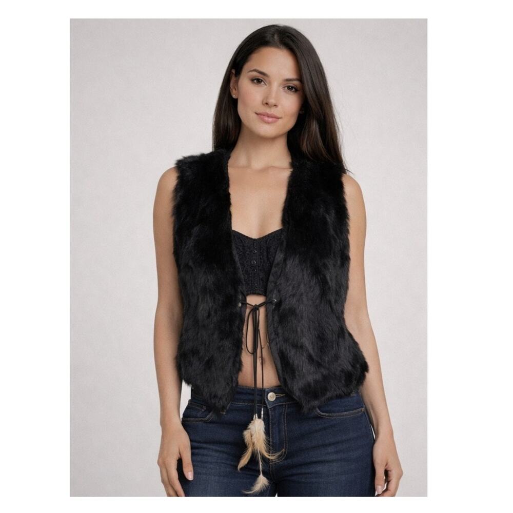 2000s Tricotto Rabbit Fur Embroidered Lace Back Vest Feather Ties Medium